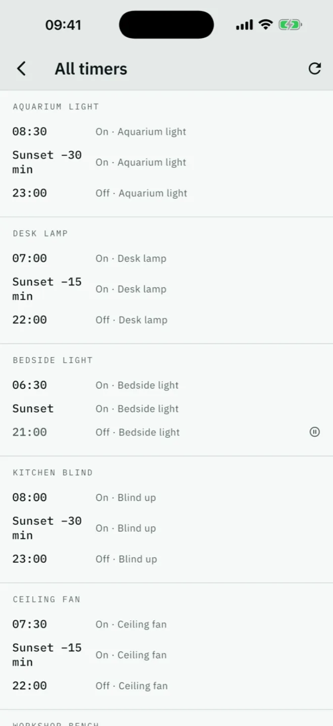 Every timer on every device in one list: what fires tonight, without opening ten device pages.