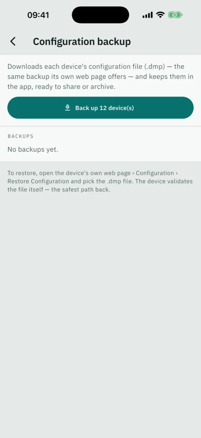 One tap downloads each device's configuration file. Share the set, archive it, sleep better.