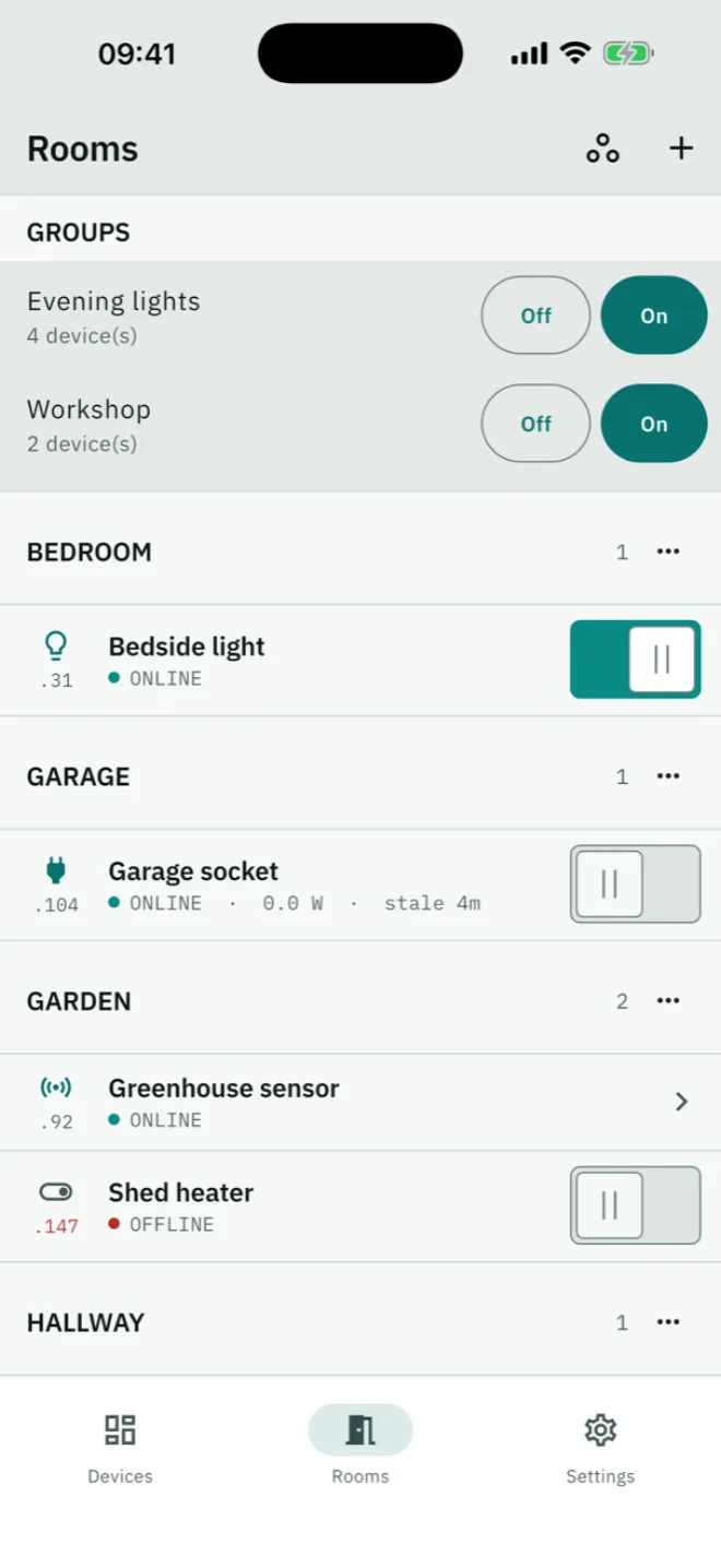 The device list: groups switch together, live watts sit beside the names, and a device that is offline says so.