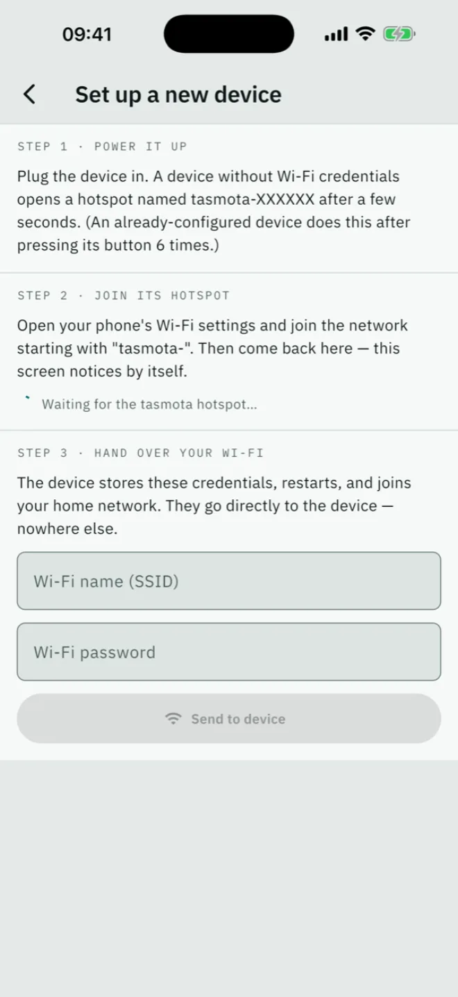 Ein fabrikneues Gerät einrichten: Die App wartet am Hotspot des Geräts und übergibt dein WLAN.