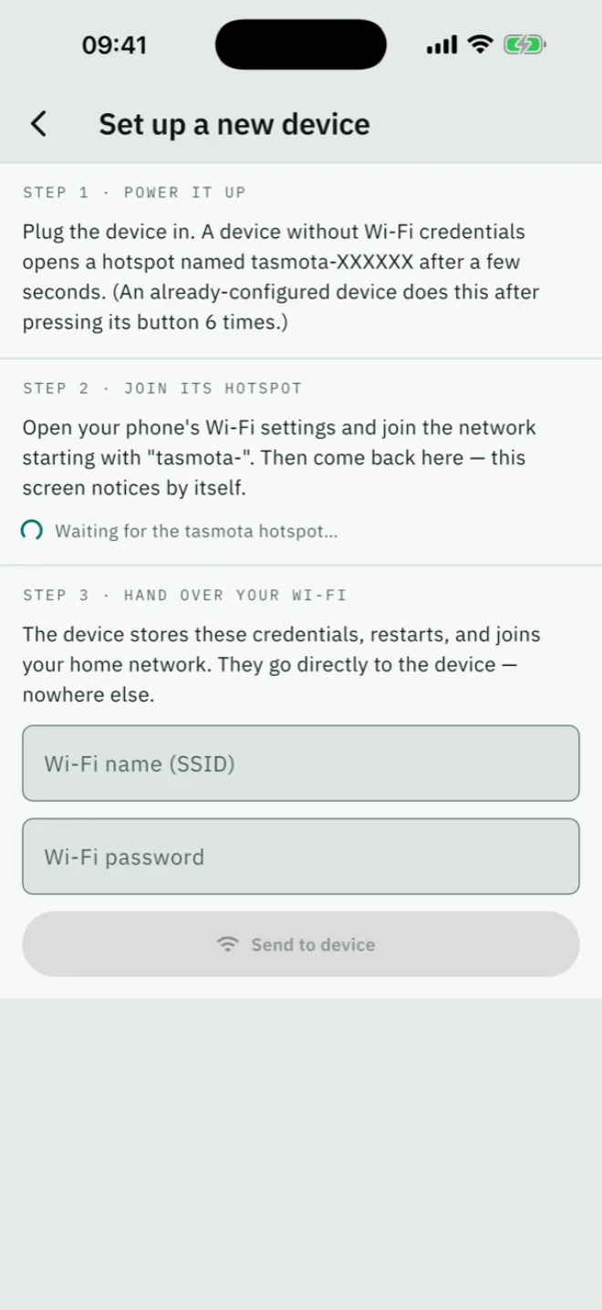 Setting up a brand-new device: the app waits at the device's own hotspot and hands over your Wi-Fi.